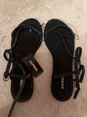 Express Black strap, Suede Flat Sandals with rhinestones